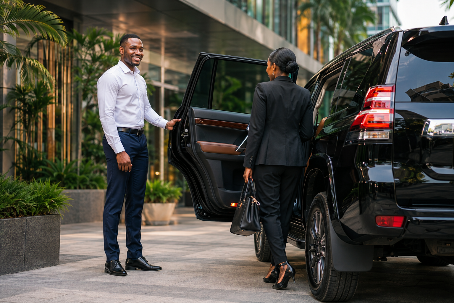 Chauffeur opening door for client